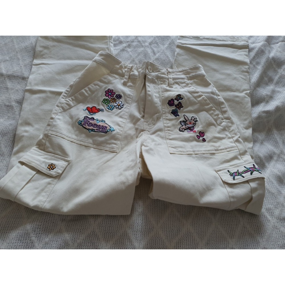 Broken‎ Promises Happy Bunny Cargo Size M Embroidered Skater Pants Flower